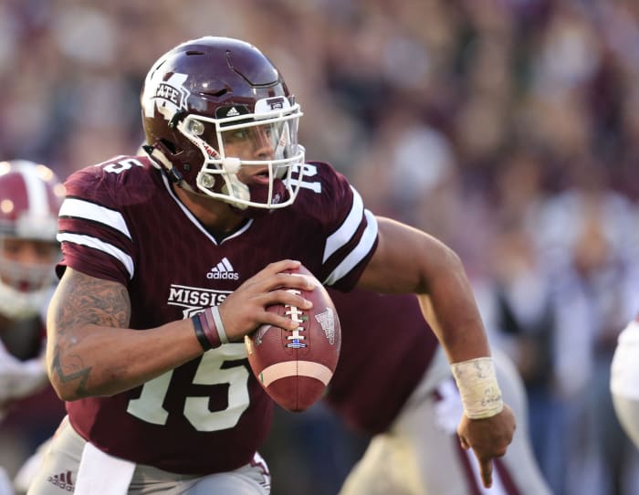 Mississippi State Bulldogs quarterback Dak Prescott looks down field during the game against Alabama.